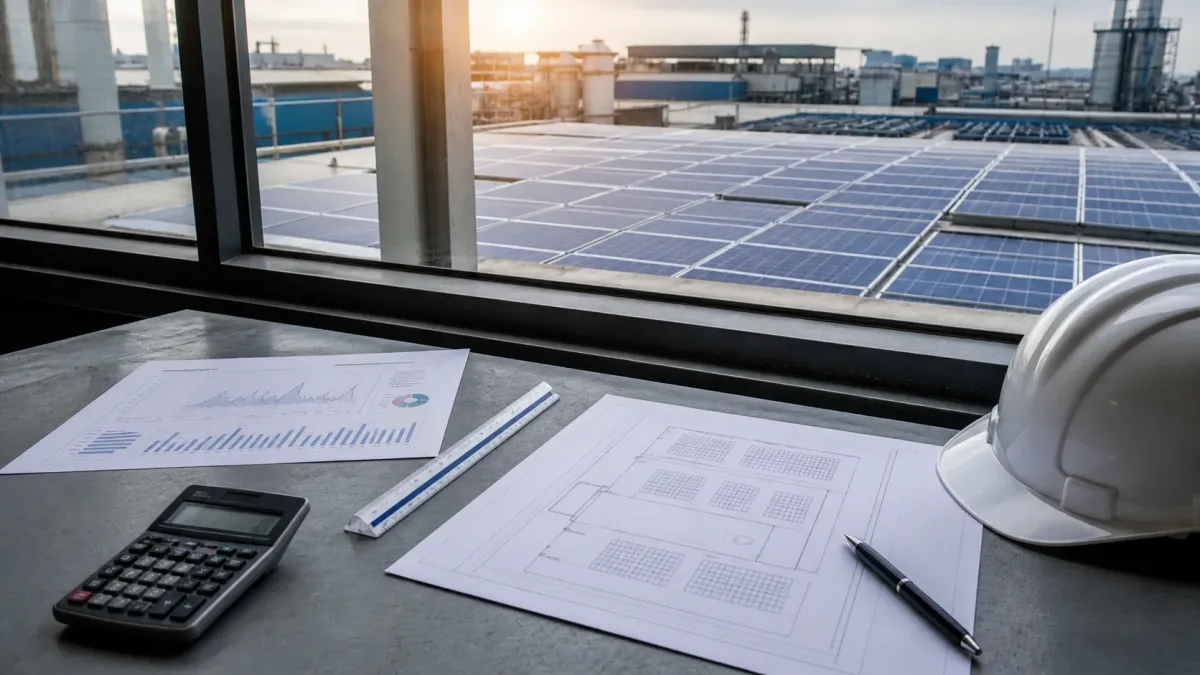 Industrial solar sizing desk overlooking a factory rooftop array