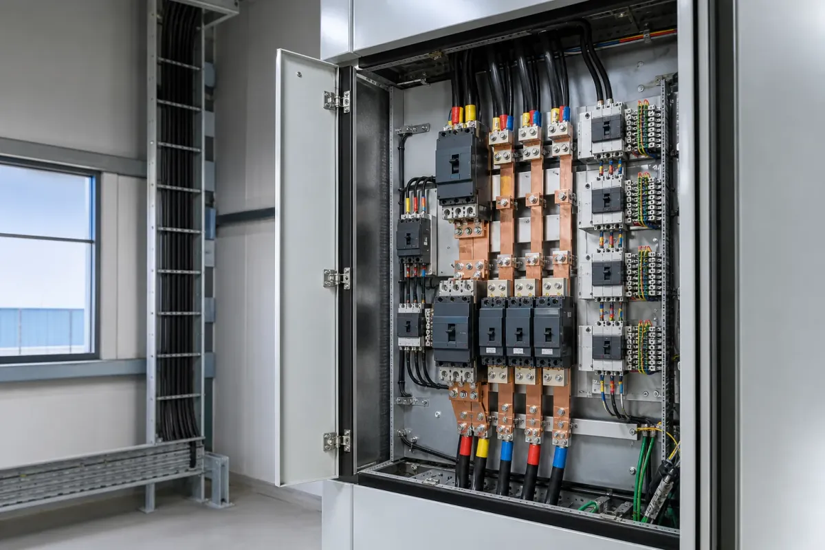 Open industrial distribution panel with organised busbars and circuit protection
