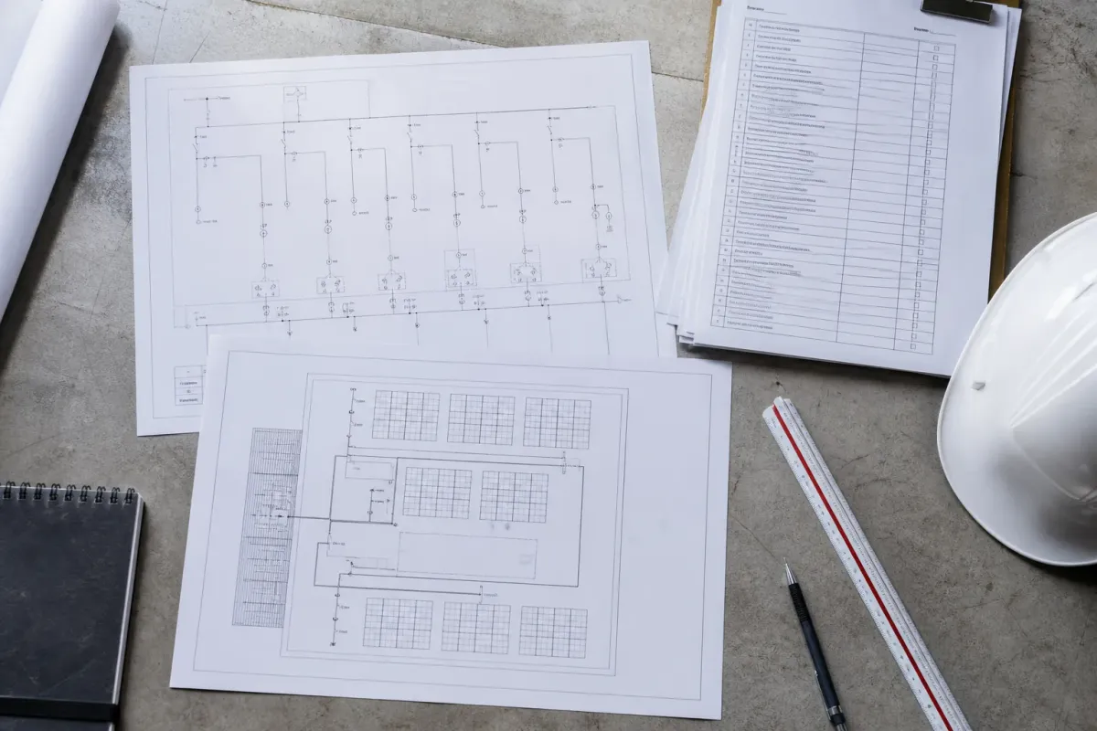 Electrical single-line diagrams, rooftop layout and inspection checklist on an engineering workbench