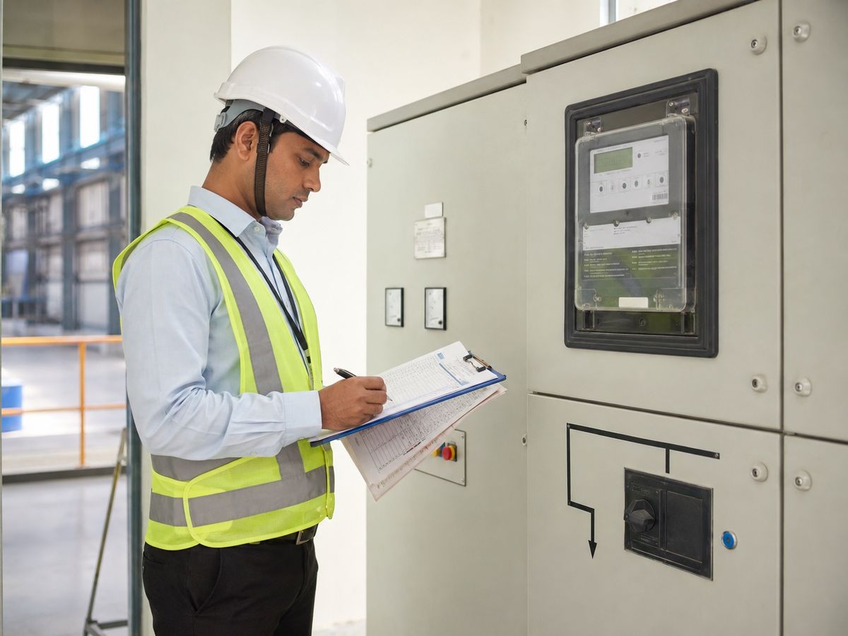 Solar project manager recording an industrial electricity meter reading during a site assessment